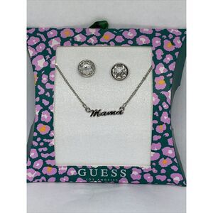 Guess A12072-21 Silver-Tone Mama Collar Necklace & Crystal Earrings MSRP $25 G23
